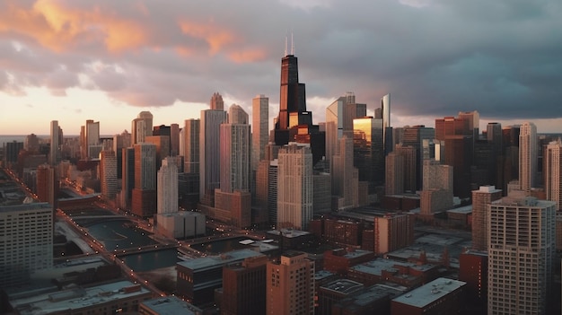 modern city skyline at sunset