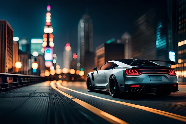 Modern city and sports car Standing car on futuristic road and Cyberpunk illustration of night city