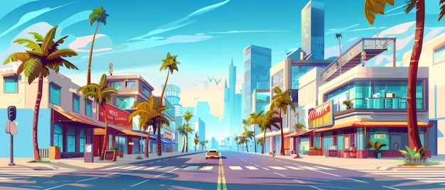 A modern city street with shops and road Modern cartoon illustration of cityscape buildings supermarket restaurant hotel facade palm trees along roadside skyscraper silhouettes blue morning