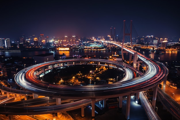 Modern city traffic road. Transport road junction on the bridge.