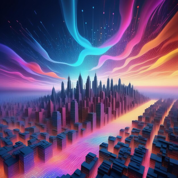 modern city with neon wave