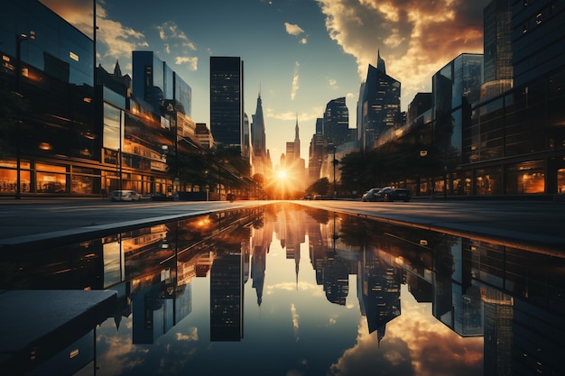 Foto città moderna con edifici alti e grattacieli con riflessi d'acqua durante il tramonto