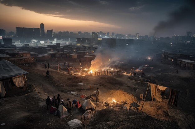 Modern city with view of nomadic tribes campfire in the distance created with generative ai