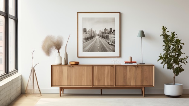 Photo modern cityscape style living room with wooden sideboard