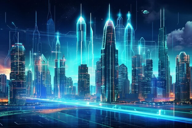 Modern cityscape with glowing lines and digital interface Ai Generated