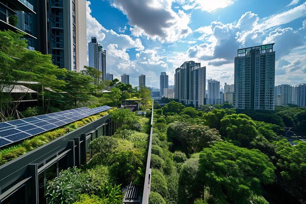 Modern Cityscape with Solar Panels and Green Roofs