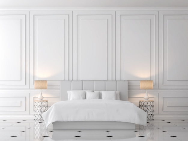 Rendering 3d della camera da letto classica moderna, ci sono pareti bianche vuote, arredate con letto in pelle grigio chiaro.