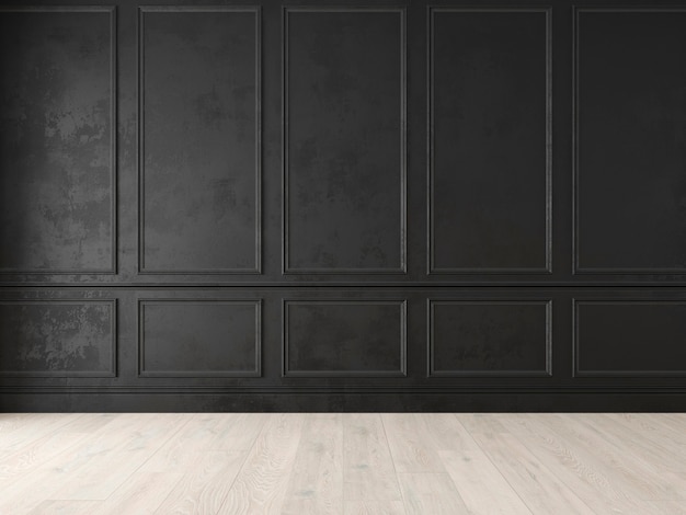 Photo modern classic black empty interior with wall panels and wooden floor d render illustration mock up