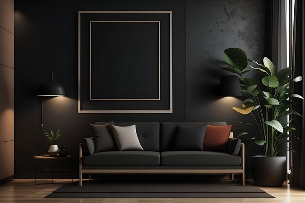 Photo modern classic black interior with capstone brown leather chester sofa floor lamp coffee table