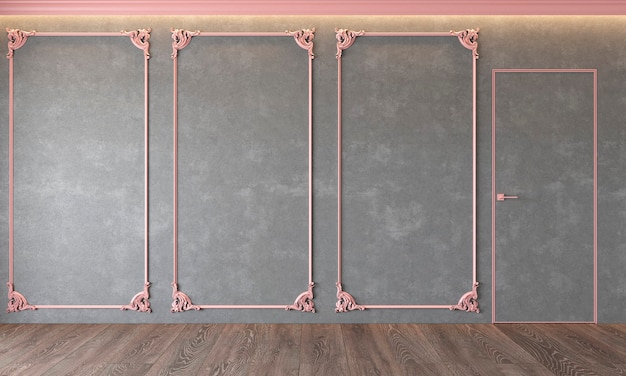 Современный классический серый интерьер с лепниной, розовой лепкой, архитектурный бетон, бетон, дверь, деревянный пол.