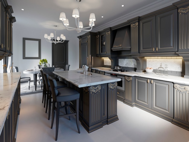 Modern classic kitchen design with black cabinets and white marble worktop and floor. 3d rendering.