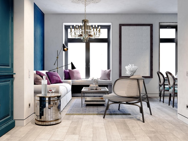 흰색 소파와 검은색 고리버들 가구 3d 렌더링을 갖춘 흰색 및 밝은 파란색 스타일의 현대적인 고전적인 거실