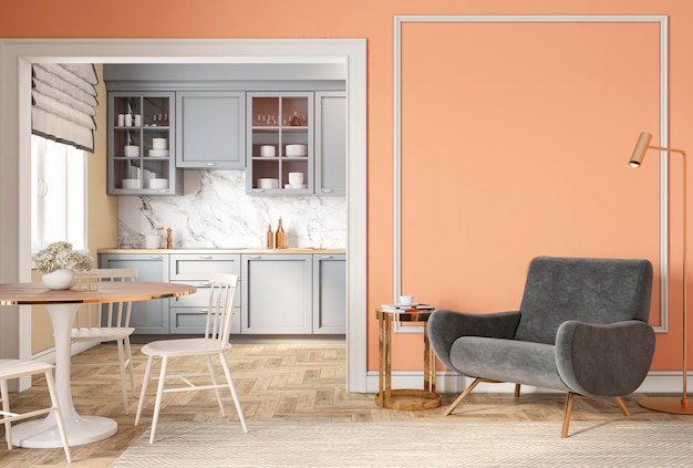 Modern classic peach beige interior with lounge chair armchair kitchen dining table