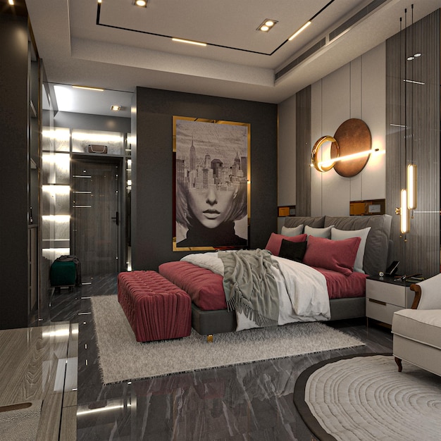 Modern classic red and gray bedroom design