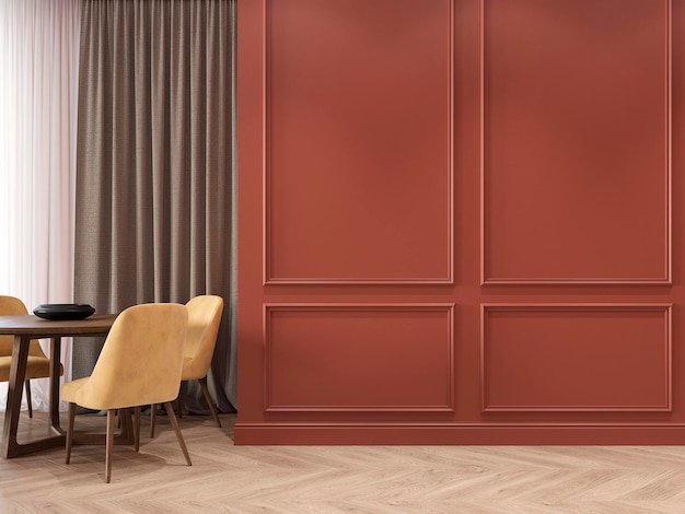 Modern classic red interior with moldings wood floor dinner table yellow chairs and curtains d rende