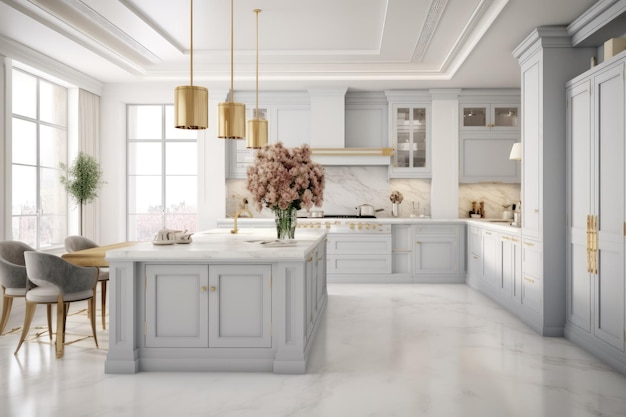 Modern classic white kitchen in a luxury apartment Large island with marble