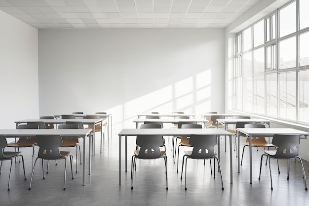 Modern classroom interior with white walls concrete floor rows of black chairs and round tables