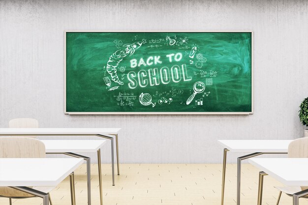 Modern classroom interior wuth creative back to school sketch on chalkboard Education knowledge and wisdom concept 3D Rendering