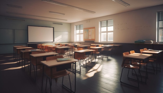 Modern classroom with empty chairs and desks for studying education generated by AI