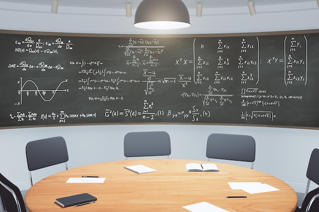 modern classroom with furniture and blackboard with equations