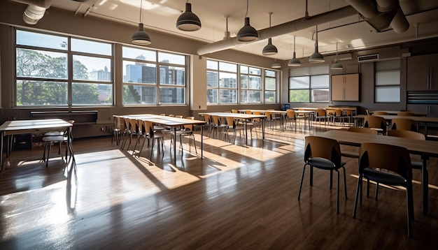 Modern classroom with wooden desks and chairs empty of people generated by AI