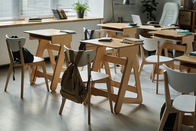 Modern classroom with workplaces of students