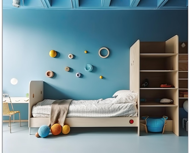 Modern Clean Contemporary White and Blue Kids room Interior Design AI Generated