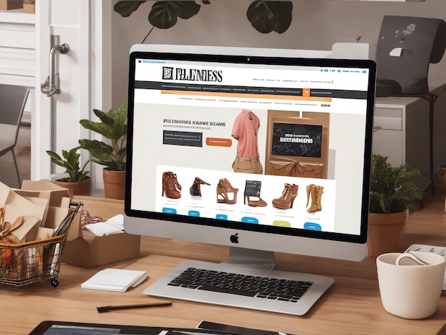 Photo modern clean workspace mockup with fashion celebrity website on screen 3d illustration all screen