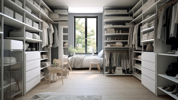 a modern closet filled with lots of clothes and boxes