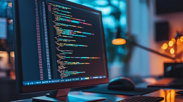 modern coding environment with a computer screen displaying colorful programming code at dusk ideal for tech and development themes
