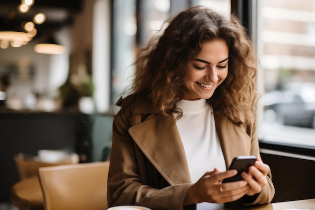 カフェでテキストメッセージを送る現代のコーヒーブレイク女性