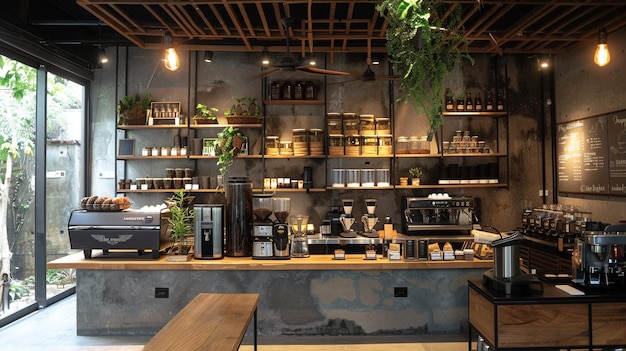 Modern Coffee Shop Interior with Rustic Design Elements