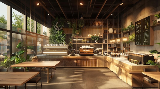 Modern Coffee Shop Interior with Warm Lighting