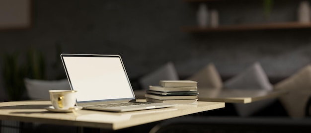 Modern coffee shop or restaurant seating space with portable notebook laptop mockup