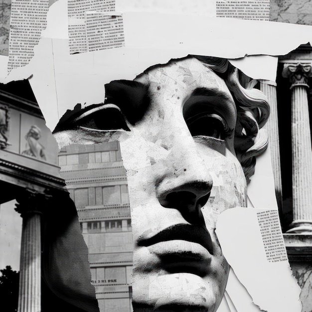 Современный коллаж из старинной статуи с деталями в стиле газетной бумаги и цветными мазками, созданными искусственным интеллектом