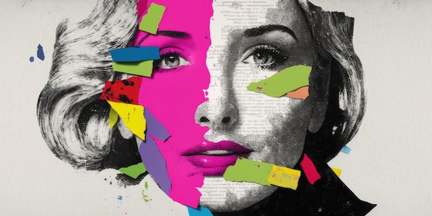 Photo modern collage art of female face with colored stripes and other elements pop culture ai generated