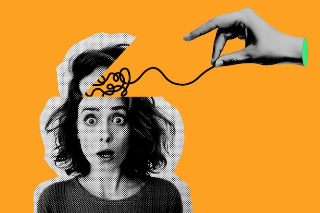 Modern collage illustration of a confused woman with a tangled brain