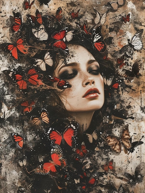 modern collage Vintage portrait of woman with butterflies