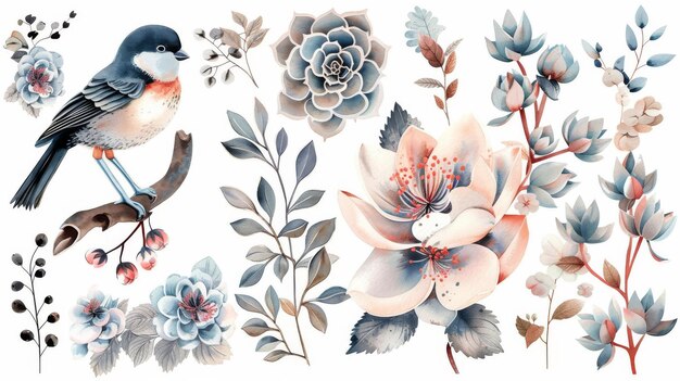 Modern collection of flowers a Redflanked Bluetail bird a succulent a Silver Brunia and branches and leaves in vintage watercolor style