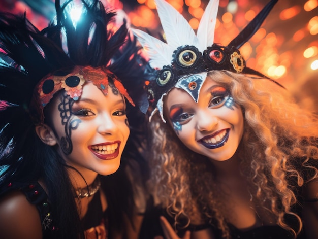 Foto ragazze universitarie moderne alla festa di halloween che si divertono a sorridere