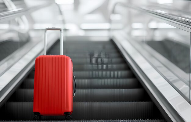 modern color suitcase stands on the metal escalator on blurred white airport background