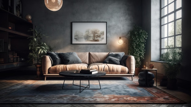 Modern colored living room grey walls beige sofa with grey pillows black round coffee table parquet