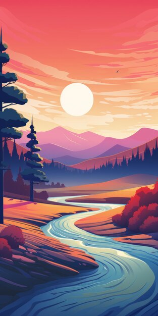 Modern And Colorful Art Style Serene Landscape Illustration Of Forest And Dunes