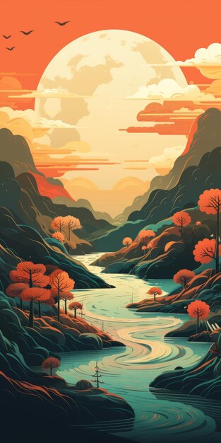 Modern and Colorful Island Illustration with Forest and Dunes