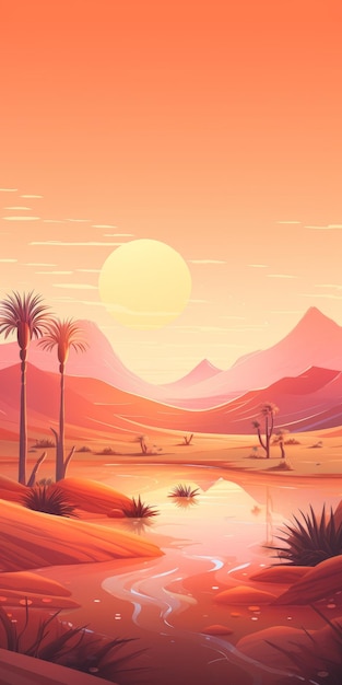 Modern And Colorful Oasis Illustration With Forest And Dunes