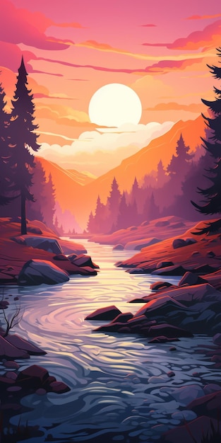 Modern And Colorful River Illustration With Forest And Dunes