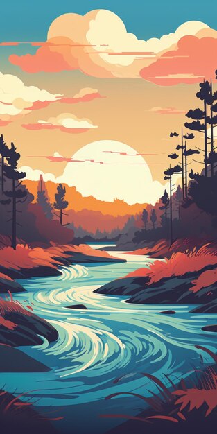 Modern and Colorful River Illustration with Forest and Dunes