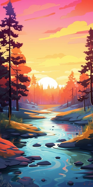 Modern And Colorful River Illustration With Forest And Dunes