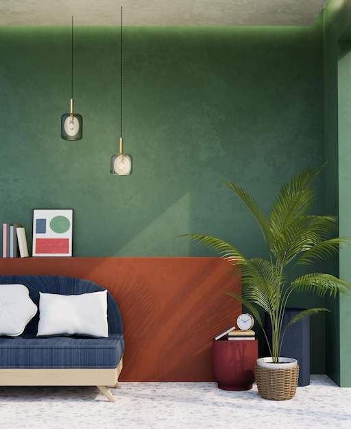 Moderno soggiorno colorato interior design con divano blu pianta interna con decorazione parete verde