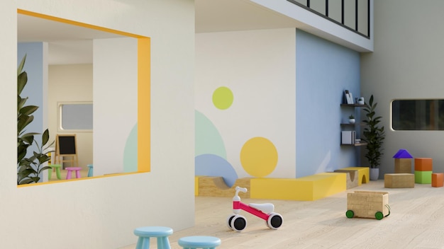 Modern colourful trendy nursery or kindergarten classroom playroom interior design